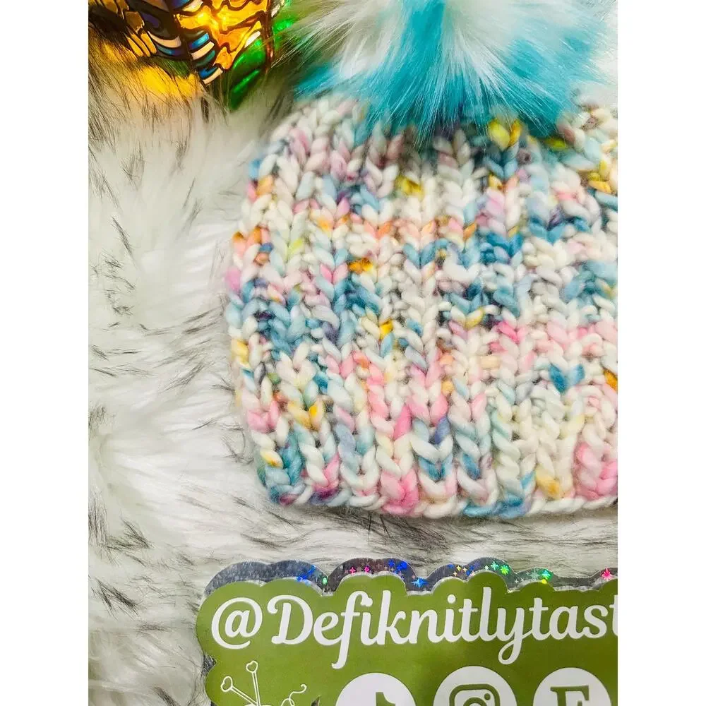 Hand Knit Merino Wool Beanie: DefiKnitly Tasteful Knit Hat with Faux Fur Pom